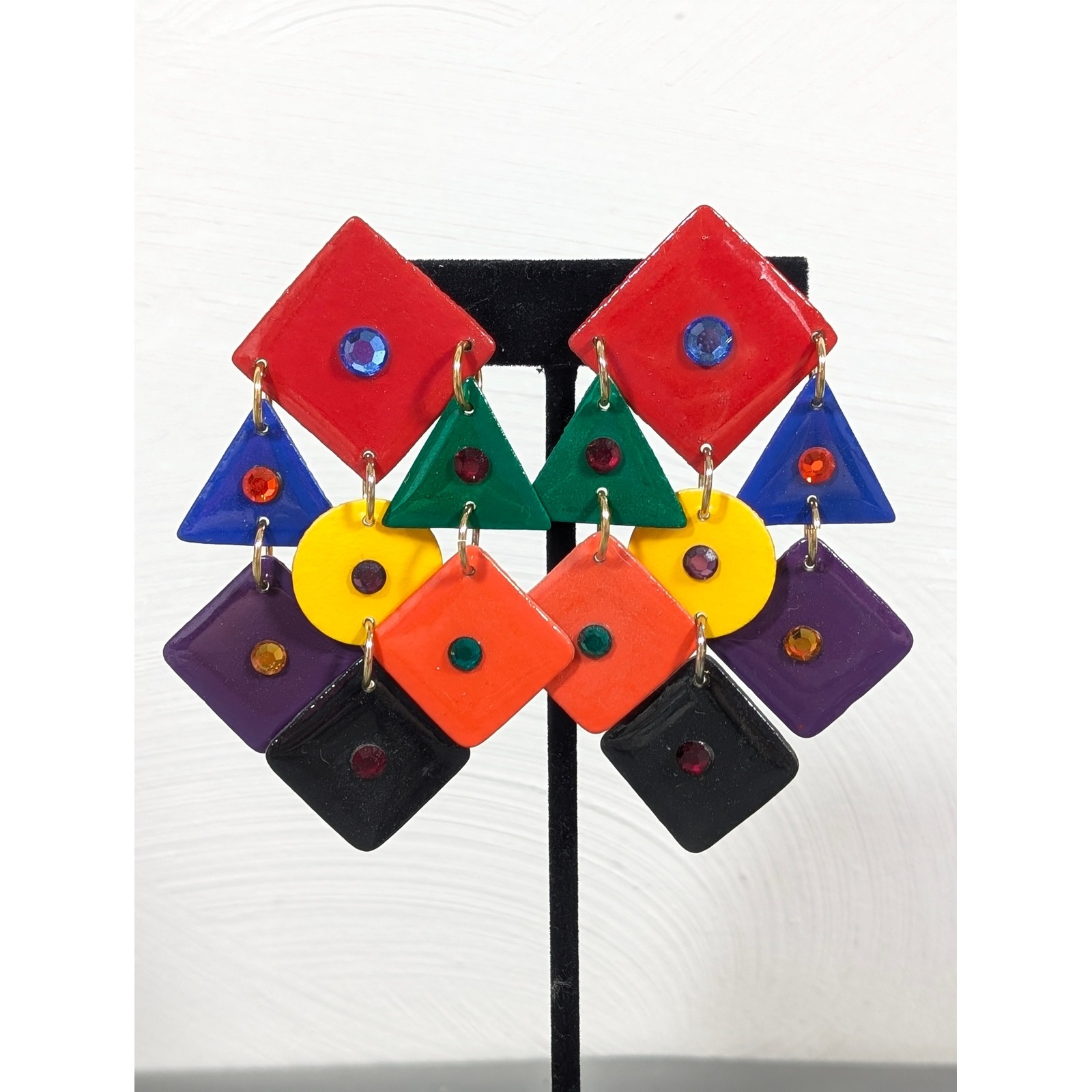 Vintage Mam Signed Geometric Multi-Tier Dangle Earrings 80s Colorful Mod